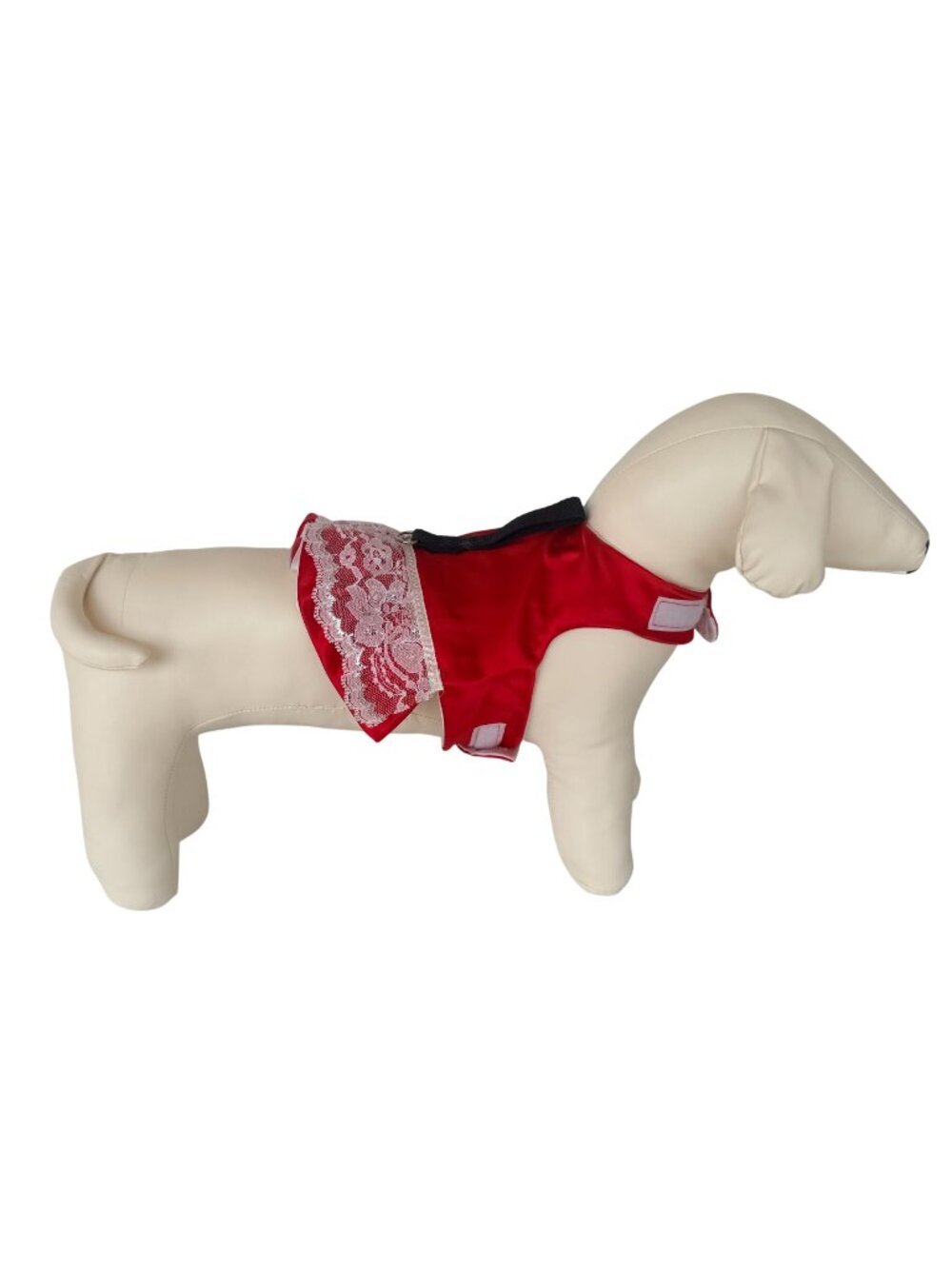 Handmade Small Dog Adjustable Dress Outfit w Harness Red & White Lace Fancy